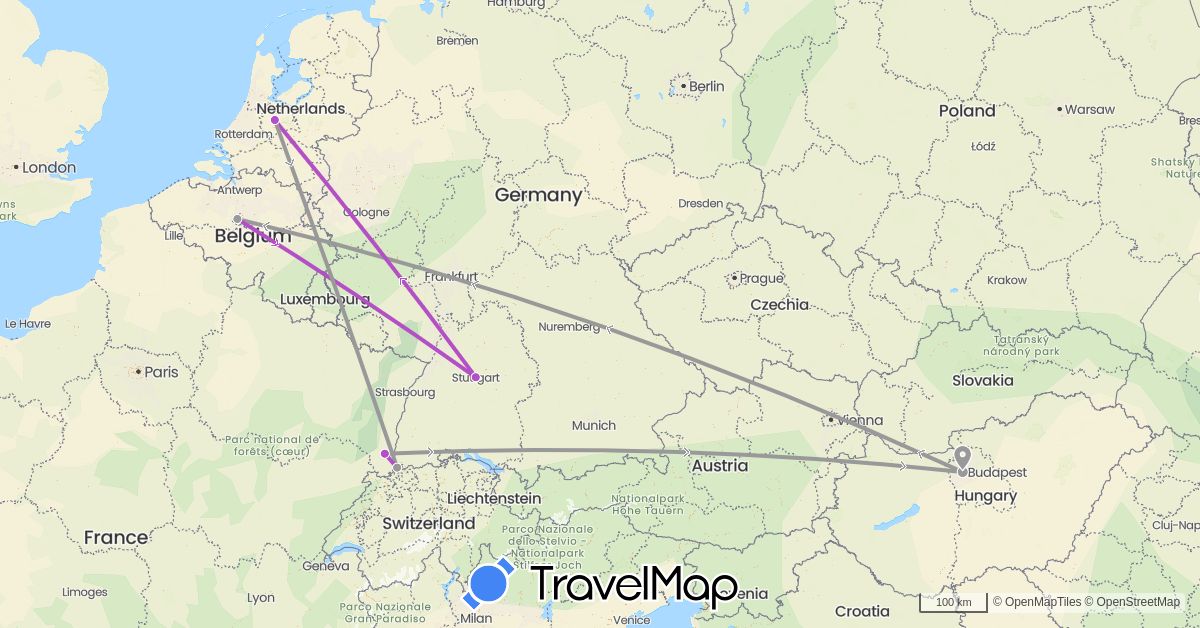 TravelMap itinerary: driving, plane, train in Belgium, Switzerland, Germany, France, Hungary, Netherlands (Europe)